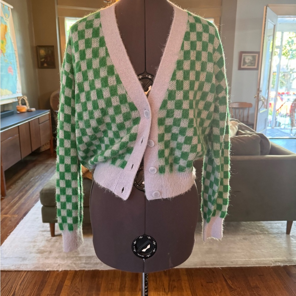 J. Crew Green and Cream Checkerboard V-Neck Cardigan